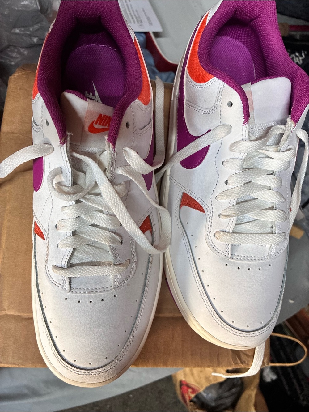 NWOT Nike White Sneakers with Purple & Orange Accents